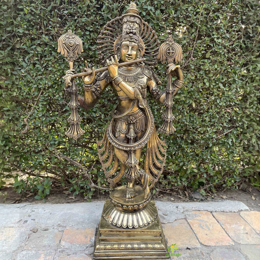 Krishna Statue in Brass, 61CM Big Large Size Krishna Brass Idol, Krishna Bhagwan Home Temple Puja, Garden Decor Idol, Hindu Religious Home
