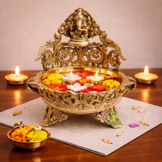 Peacock Design god Ganesha Urli table top showpiece metal brass figure