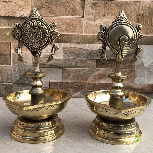 Shankh Chakra Diya Lamp 7 inch Home Temple Diya Handmade Brass Vishnu Lamp diya stand