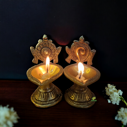Shankh Chakra Diya Lamp 5 inch/ Home Temple Diya/ Handmade metal oil Lamp table top