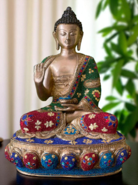 Lord Sitting Buddha with Stone Blessing Antique Idol Art Decor Gifts