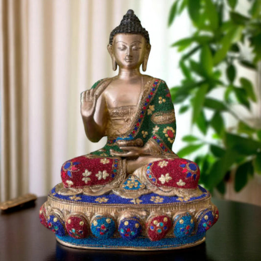 Lord Sitting Buddha with Stone Blessing Antique Idol Art Decor Gifts