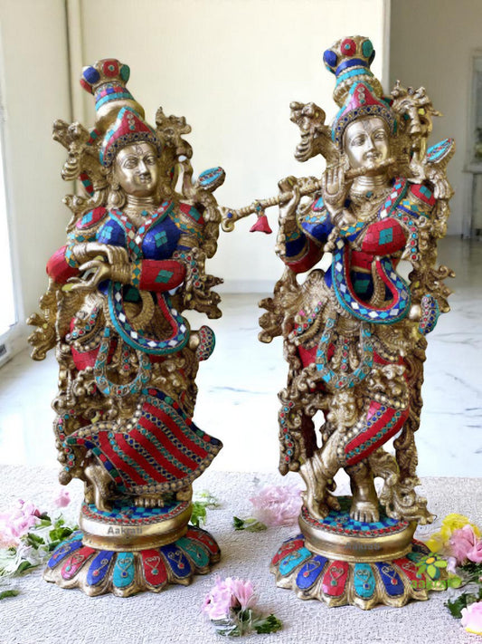 Radha Krishna Statue Made in Brass - Hindu God Religious Figurine Idol Turquoise Handwork Big Murti 29 inch in Height | Home Decor | Showpiece