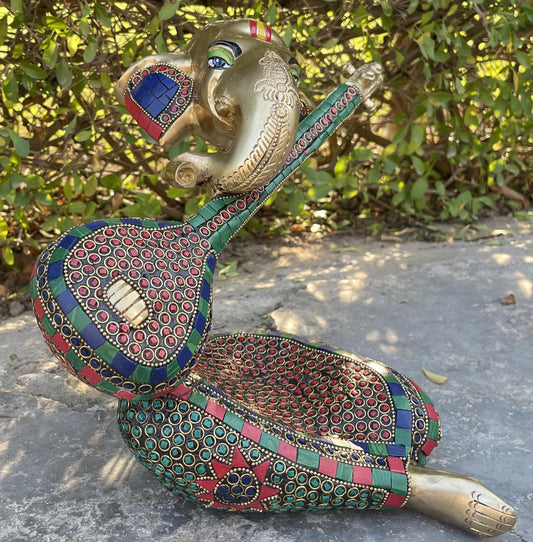 Modern Ganesha sculpture, Musical Ganesha with Veena, Ganesha head Idol, Vinayaka, Metal Brass Statue