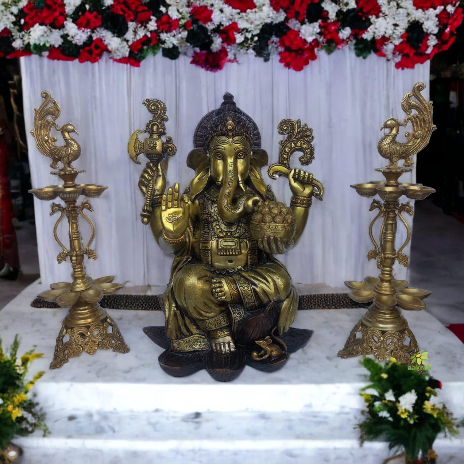 Indian Religious Decor Ganesh statue with Two lamp stand unique for house, home, office, hotel, resorts, best festive gift Aakrati
