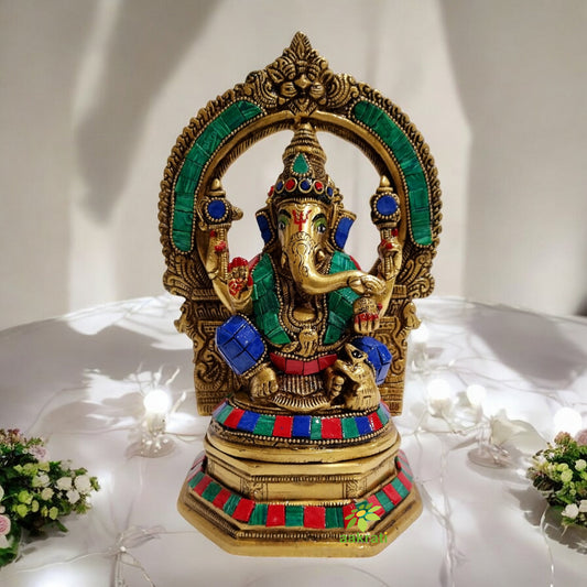 Brass Ganesh Idol decorative murti with stone work
