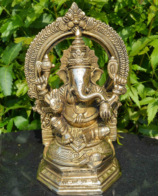 Ganesha Statue in Brass, 25 cm Sculpture, Elephant Headed Hindu God of Good Luck, House warming metal gift