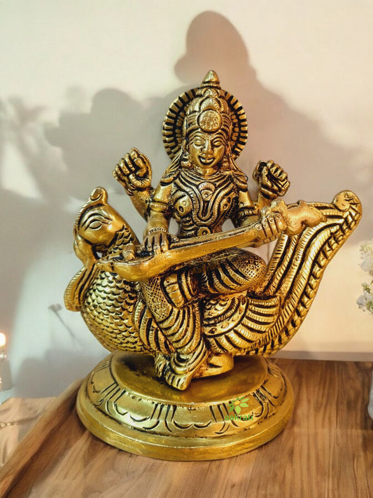 Saraswati Adorning a Swan. Goddess Beautiful Brass Statue. Best for Home Decor, Pooja Temple, Office Decor & Gifting