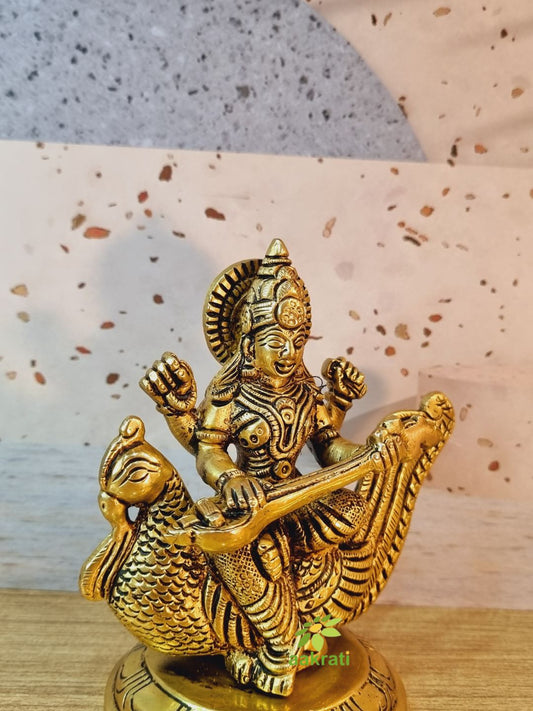 Saraswati Adorning a Swan. Goddess Beautiful Brass Statue. Best for Home Decor, Pooja Temple, Office Decor & Gifting