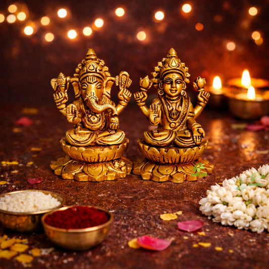 Brass Laxmi Ganesh Idol for Diwali Gifting | Elegant Pooja Statue for Prosperity & Success | Small Laxmi Ganesh (Yellow, 3.5 Inch)