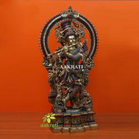 Krishna Big Brass with Stonework, 82 cm Large Size Brass Lord Murlidhar Idol with Arch, Religious Home office Decor