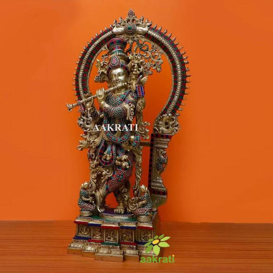 Krishna Big Brass with Stonework, 82 cm Large Size Brass Lord Murlidhar Idol with Arch, Religious Home office Decor