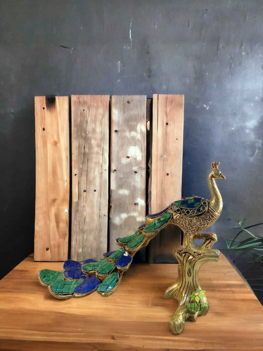 Vintage antique Finished 8.5 inch Brass Peacock Showpiece Figurine with stonework
