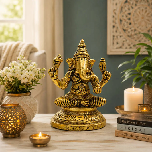 Aakrati Brass Ganesh Statue in Sitting Position| Ganesh Idol| Temple Decor (Yellow, 3inch)