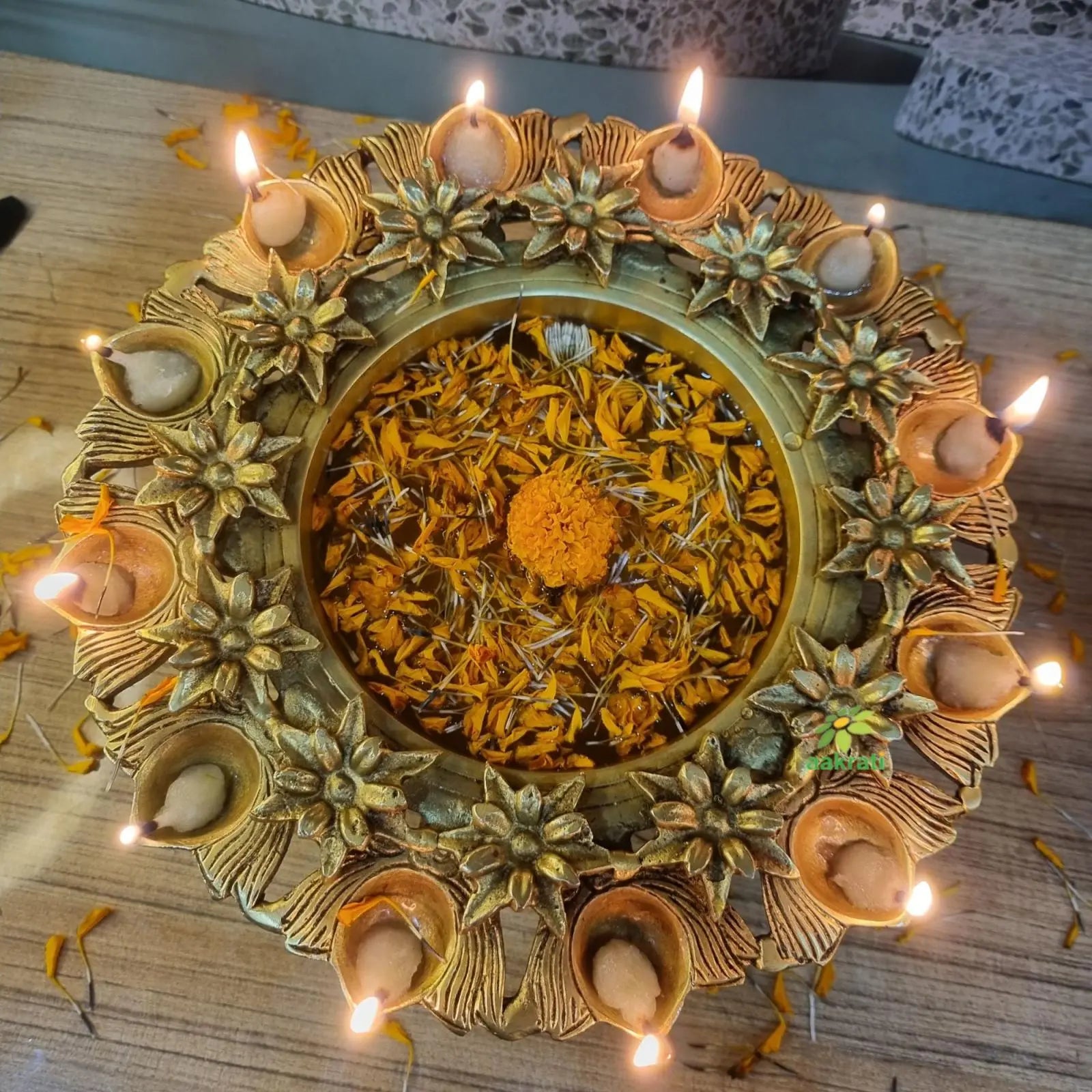 9 Inches Brass Urli Bowl with Lotus Design| Urli for Flowers, Brass Urli for Home Décor|Traditional Indian Decor Piece| Home Décor| (Yellow) Aakrati