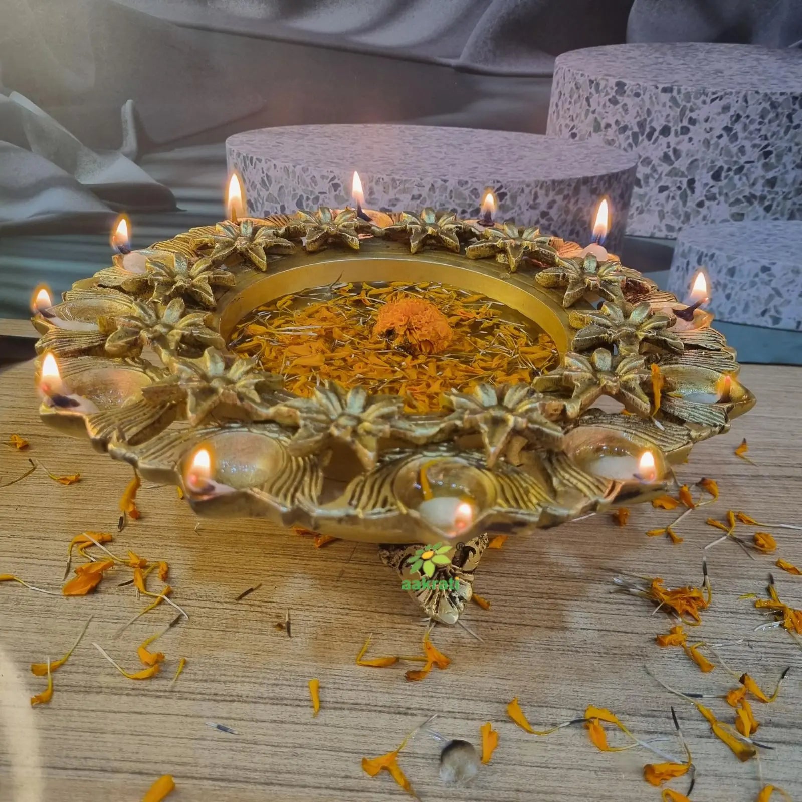 9 Inches Brass Urli Bowl with Lotus Design| Urli for Flowers, Brass Urli for Home Décor|Traditional Indian Decor Piece| Home Décor| (Yellow) Aakrati