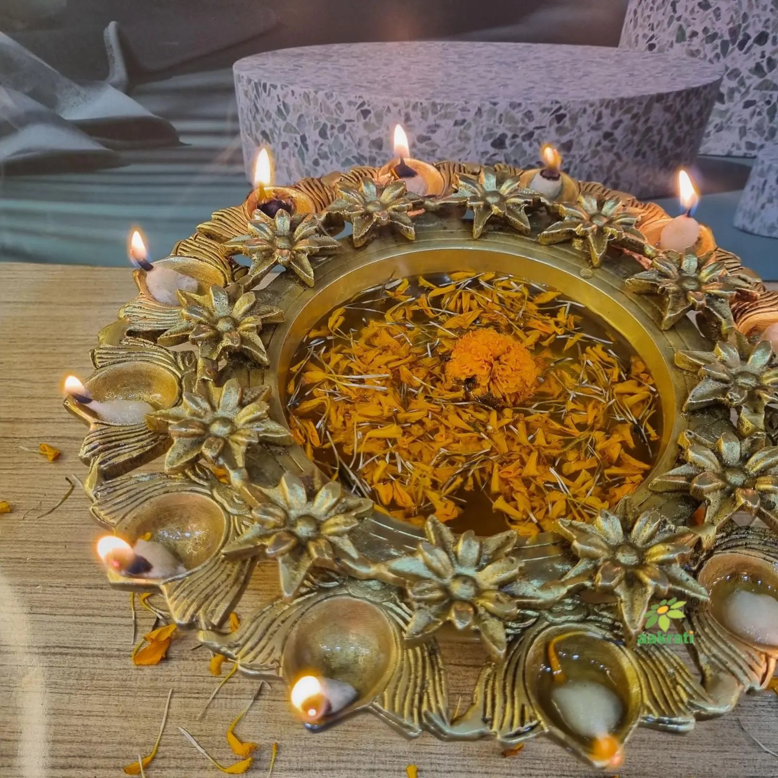 9 Inches Brass Urli Bowl with Lotus Design| Urli for Flowers, Brass Urli for Home Décor|Traditional Indian Decor Piece| Home Décor| (Yellow) Aakrati