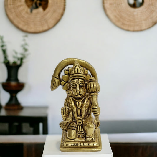 Brass Hanuman Sitting Religious Hindu Statue with Gada, Temple Decor Statue, Hindu God Figurine