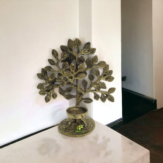 Brass Tree with Candle holder in yellow antique finish Gift item (Yellow, 7 inch)
