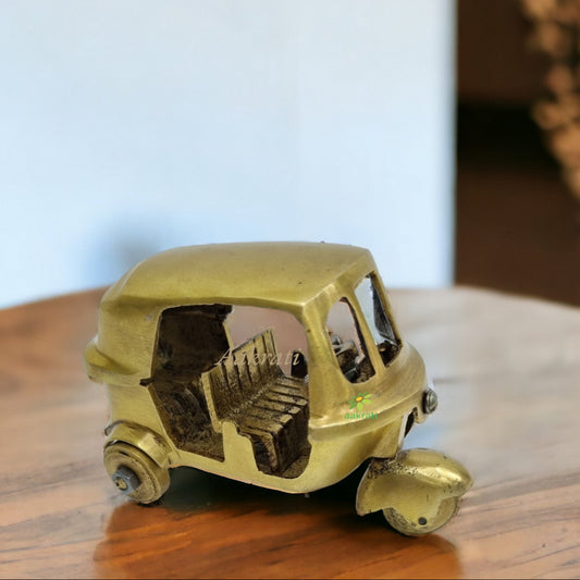Brass Auto Rickshaw Statue | Traditional Indian Charm for Your Living Room | Handcrafted Brass Tempo Idol | Tuk Tuk ( Yellow Color, 3 inch)