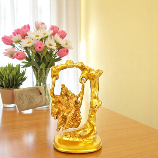 Brass Radha Krishna Jhula Statue | Traditional and Divine Home Decoration Piece | Brass Radha Krishna Jhula Idol ( Yellow, 7 inch)