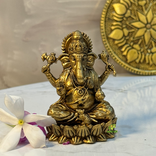 Intricately Designed Brass Ganesh Statue| Symbol of Wisdom and Prosperity Made By Aakrati (Yellow, 2.5 Inch)
