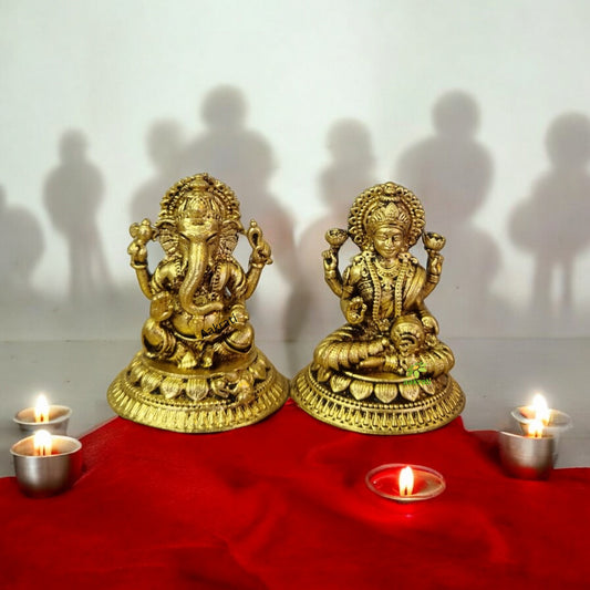 Aakrati Brass Statues of Laxmi Ganesh| Laxmi Ganesh Idol| Home Improvement Items (Yellow, 1.5 Inch)