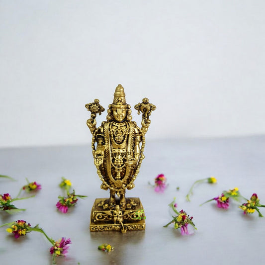 Aakrati Brass Statue of Balaji| Tirupati Balaji Idol| Temple Décor (Yellow, 3 Inch)