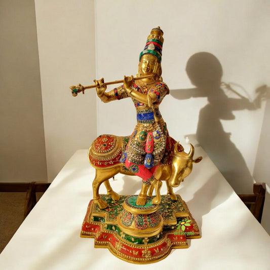 Brass Krishna Statue with yellow finishing for Home and Temple Decor
