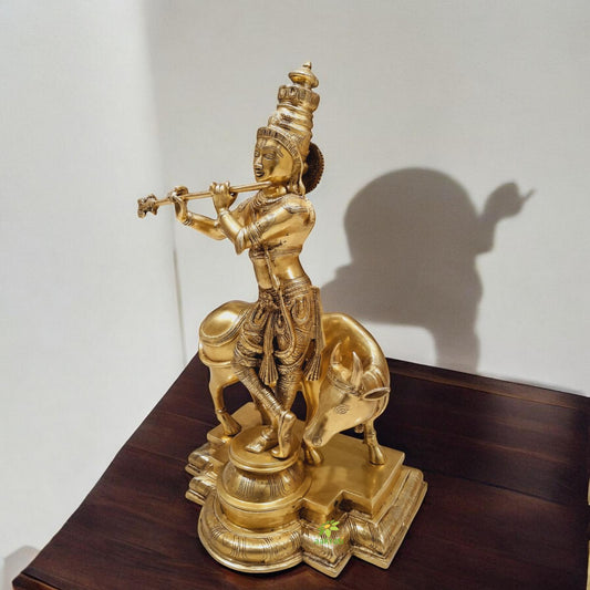 Brass Krishna Statue with cow in yellow finishing Handmade product