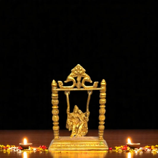 Handcrafted Brass Radha Krishna Murti on Swing | Elegant Religious Showpiece for Home | Brass Radha Krishna on Swing ( Yellow, 10 inch)