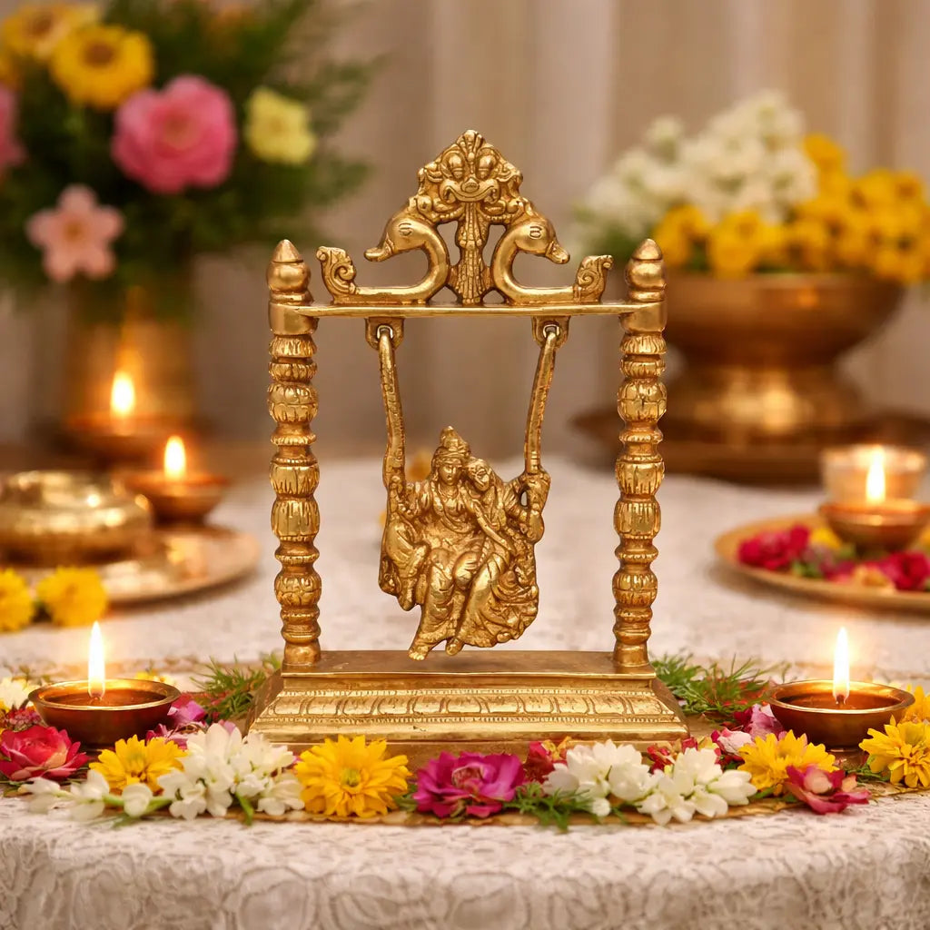 Handcrafted Brass Radha Krishna Murti on Swing | Elegant Religious Showpiece for Home | Brass Radha Krishna on Swing ( Yellow, 10 inch) Aakrati