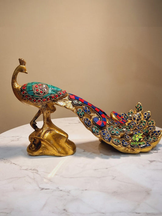 Brass Peacock Showpiece Statue | Brass Showpiece for Luxurious Living | Traditonal Brass Peacock Figurine Made By Aakrati ( Multi Color, 12 inch)