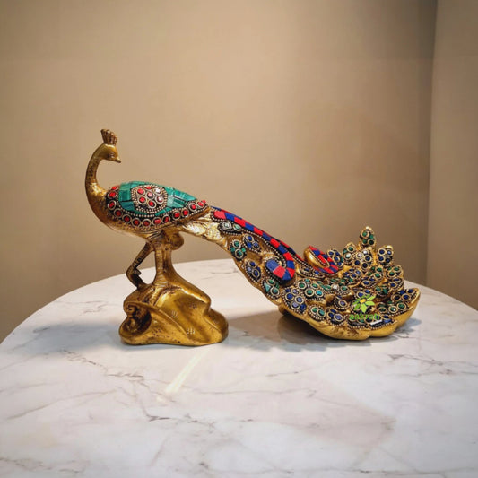 Brass Peacock Showpiece Statue | Brass Showpiece for Luxurious Living | Traditonal Brass Peacock Figurine Made By Aakrati ( Multi Color, 12 inch)