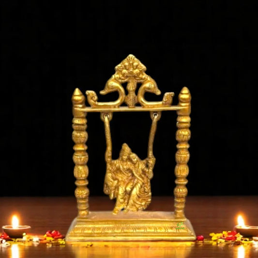Handcrafted Brass Radha Krishna Murti on Swing | Elegant Religious Showpiece for Home | Brass Radha Krishna on Swing ( Yellow, 10 inch)