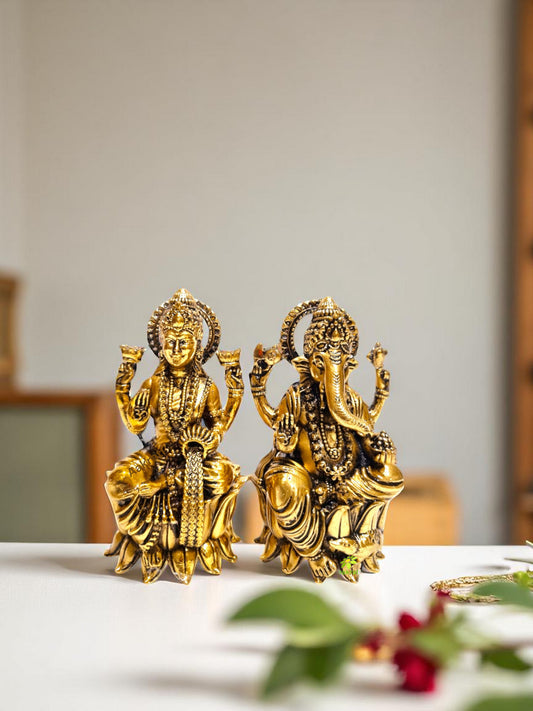Brass Lakshmi Ganesh Pair| Divine Sculptures for Wealth and Harmony