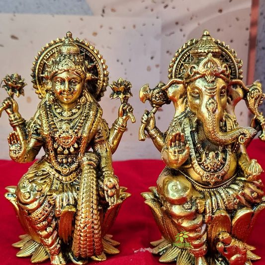 Brass Lakshmi Ganesh Set| Hindu God Idol Brass Laxmi Ganesh Set| Ganesh Laxmi Statue| Diwali Puja God| Laxmi Ganesh Murti For Decor| (Yellow Antique)