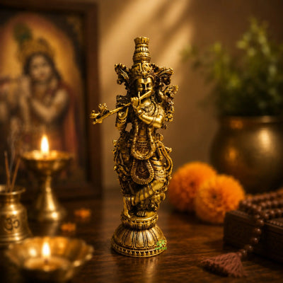 Aakrati Brass Murli Krishna Statue - Brass Krishna Idol Murti Statue Sculpture