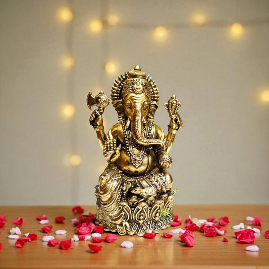 Aakrati Brass Lord Ganpati Sitting Statue for Temple| Worship Idol| Temple Decor| Lord Ganesh|