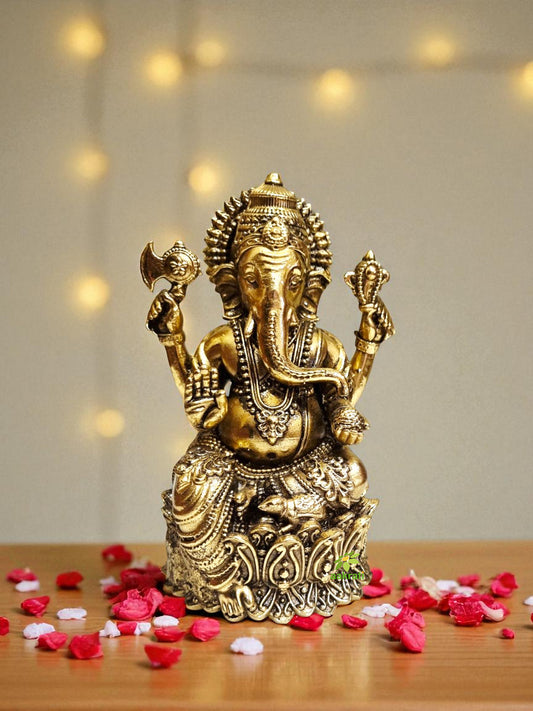 Aakrati Brass Lord Ganpati Sitting Statue for Temple| Worship Idol| Temple Decor| Lord Ganesh|