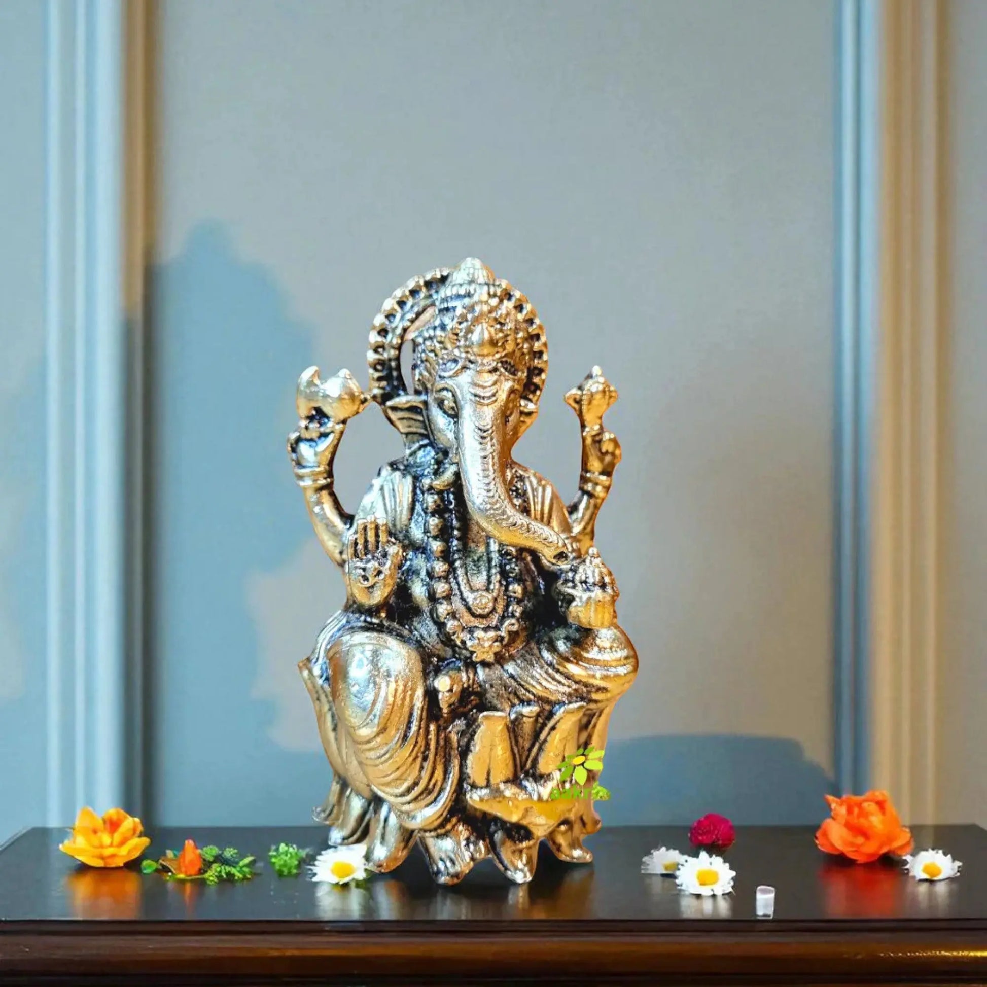 Aakrati Brass Lord Ganpati Sitting Statue for Temple| Worship Idol| Temple Decor| Lord Ganesh Aakrati