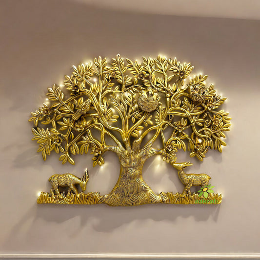 Wall decor Tree of life with Bird and deer| tree with root and branches in yellow finishing for wall art and wall decoration