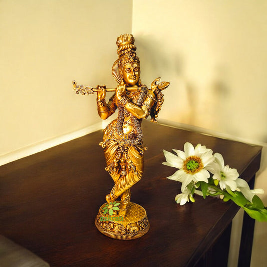 Lightweight Brass Krishna Idol | Perfect for Spiritual Décor | Premium Brass Krishna Murti ( Yellow, 15.7 inch)