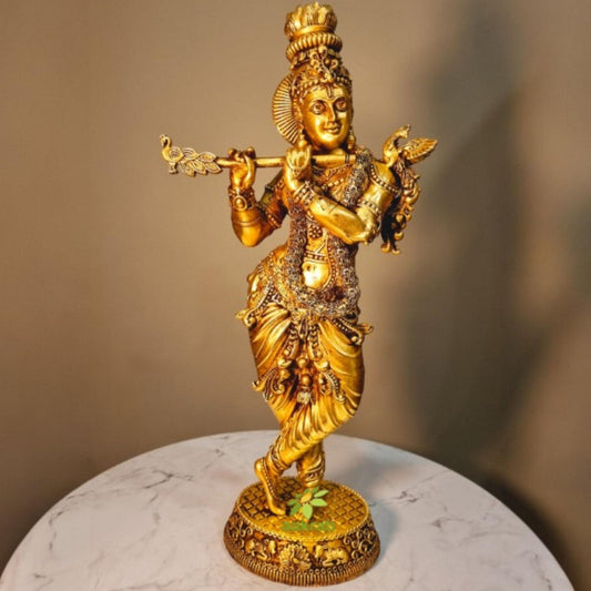 Lightweight Brass Krishna Idol | Perfect for Spiritual Décor | Premium Brass Krishna Murti ( Yellow, 15.7 inch)