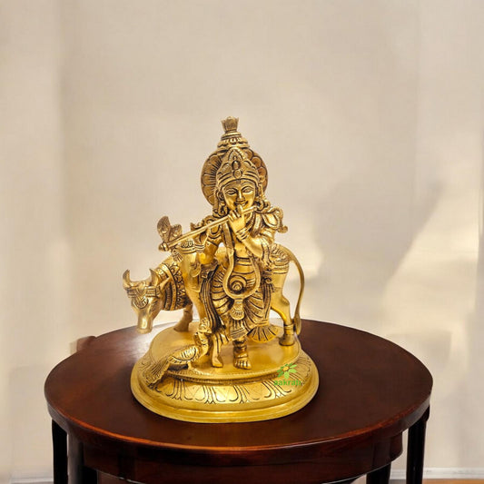 Brass Krishna Murti Statue | Traditional Indian Craftsmanship | Antique Brass Krishna Murti Idol ( Yellow, 8.5 inch)
