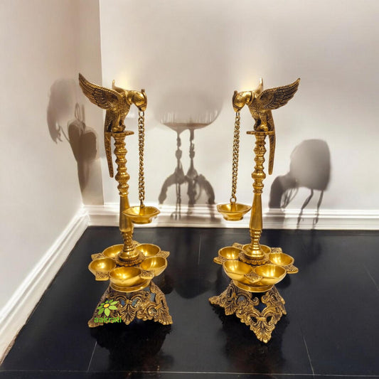Traditional Brass Parrot Oil Diya Stand | Ideal for Festive Home Decoration | Decorative Brass Oil Lamp Stand ( Yellow, 21 inch)