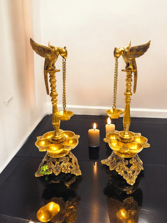 Traditional Brass Parrot Oil Diya Stand | Ideal for Festive Home Decoration | Decorative Brass Oil Lamp Stand ( Yellow, 21 inch)
