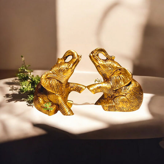 A Pair of Brass Elephant Statues Made By Aakrati| Collectable Figurine| Showpieces| Decorative Items (Yellow, Height 3.8inch)