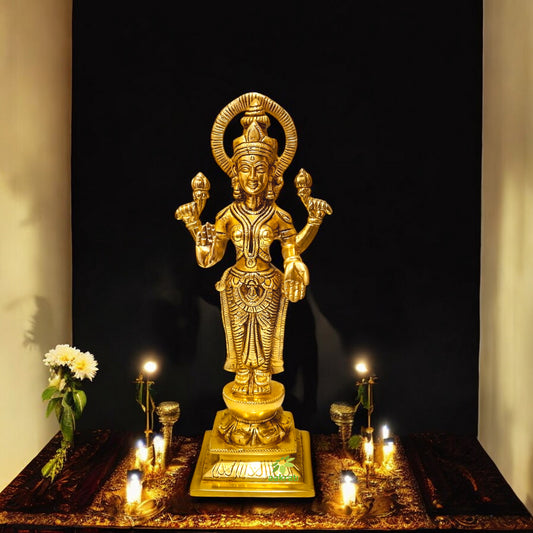 Handcrafted Brass Lakshmi Statue | Trending Spiritual Accent for Home Decor | Luxurious Brass Lakshmi Idol for Home ( Yellow, 10.5 inch)