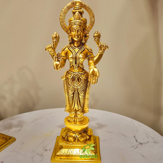 Handcrafted Brass Lakshmi Statue | Trending Spiritual Accent for Home Decor | Luxurious Brass Lakshmi Idol for Home ( Yellow, 10.5 inch)